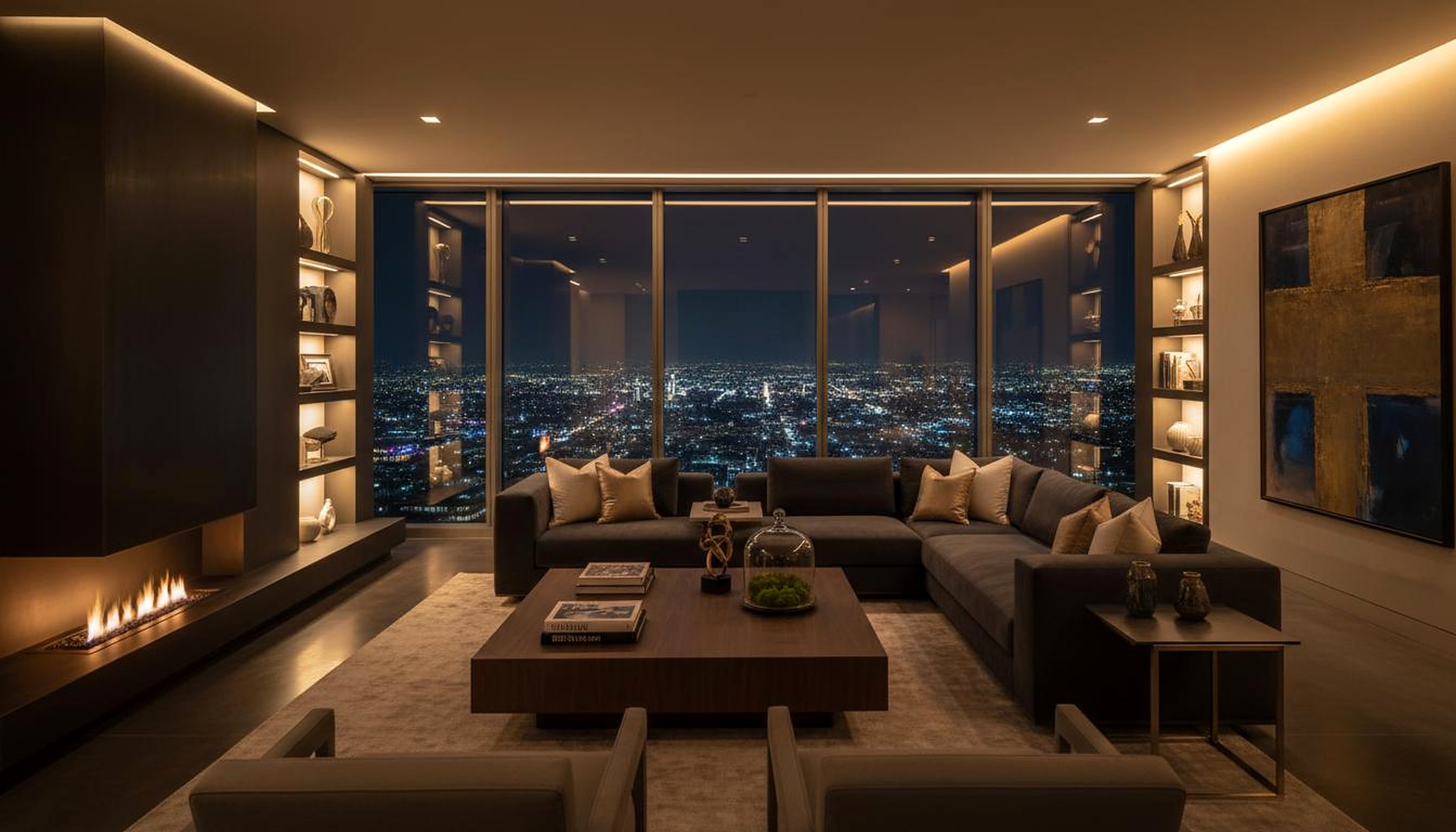 Modern living room with integrated smart home lighting and climate control