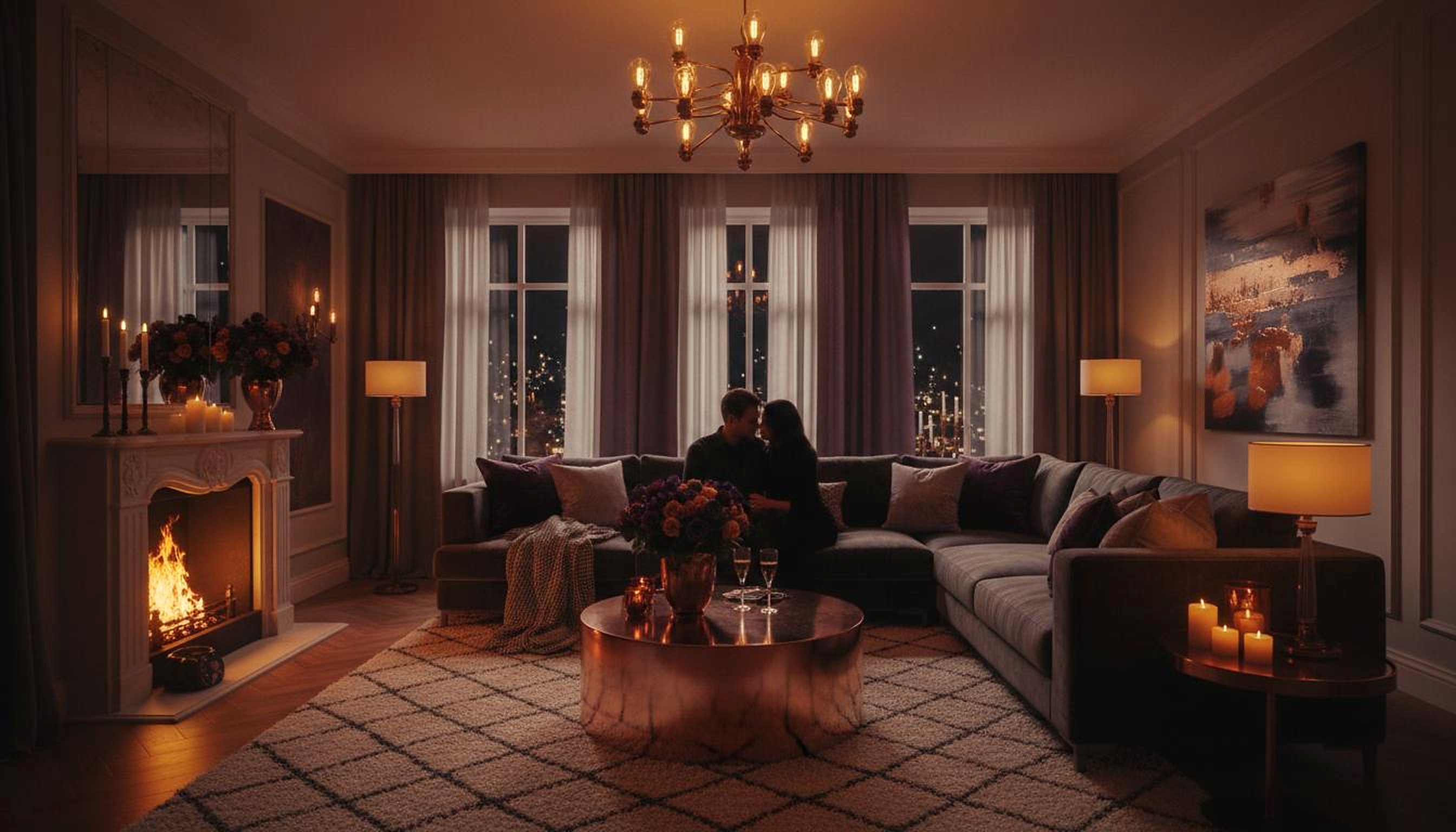 Romantic date night smart home scene with warm ambient lighting